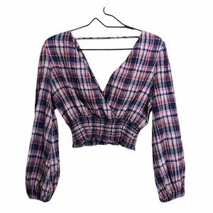 Zara Women Blue Purple Plaid Wrap Crop Top Shirt Long Sleeve Smocked Waist XS